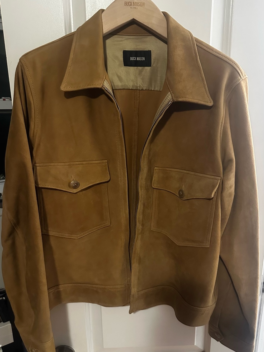 Buck Mason Tan Suede Bomber Jacket